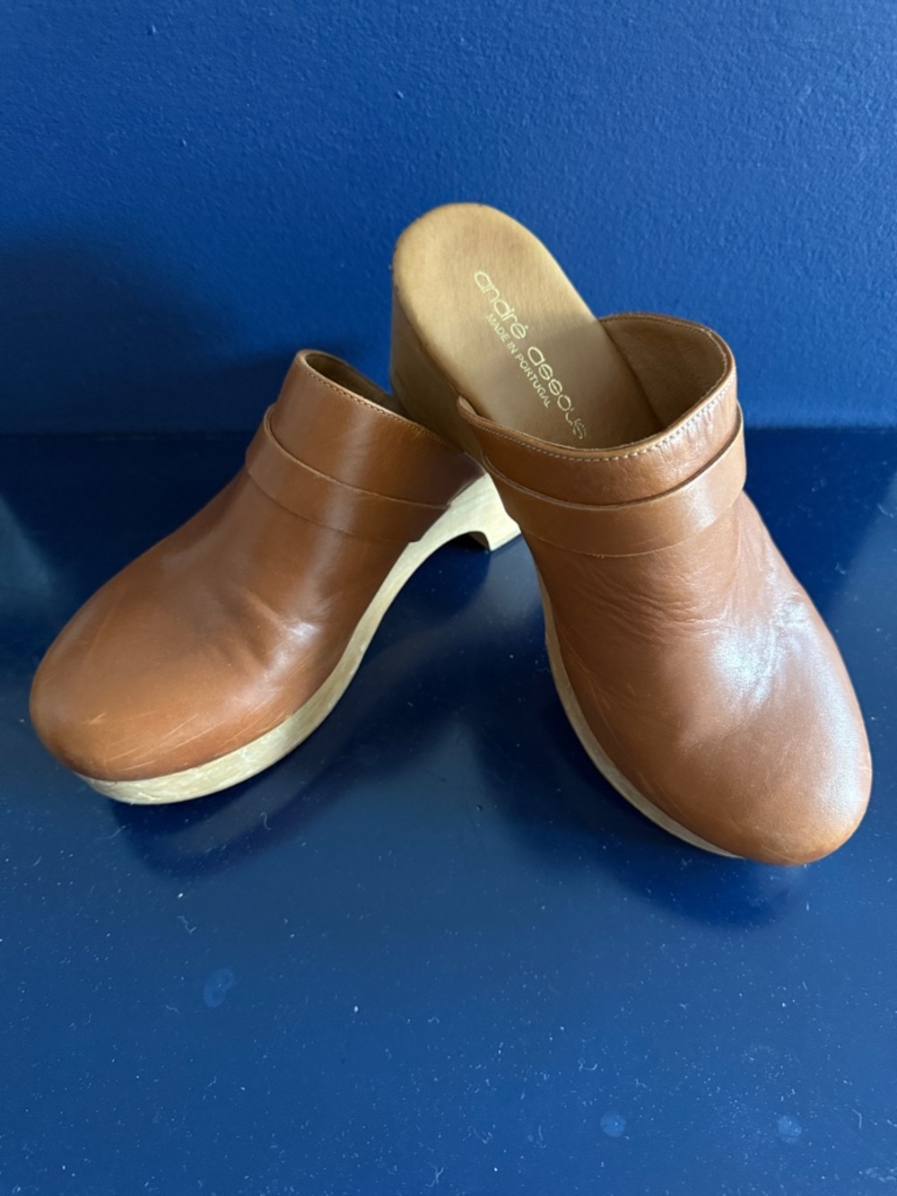 André Assous Cognac Leather Wooden Sole Clogs